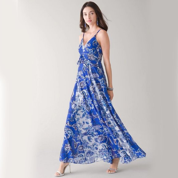 WHBM $200 Mixed Print Chiffon Maxi Dress Paisley Bali Blue 4 - Picture 1 of 10